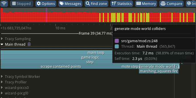 Screenshot of profiler showing that collider generation is now running in 7ms, with the marching squares algorithm dominating that