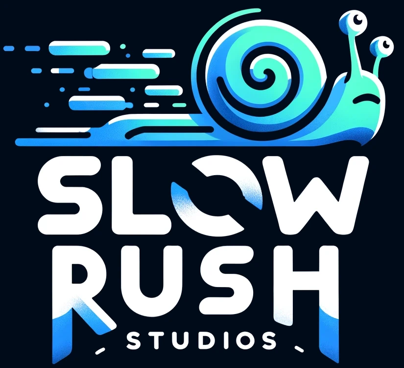 Slow Rush Studios logo, depicting an apprehensive-looking snail rushing forward